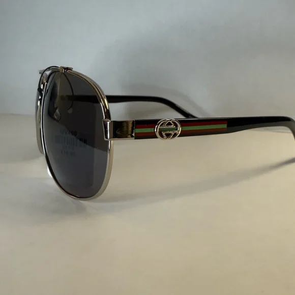 GG Silver Metal Aviator Sunglasses with Black Temples and Red/Green Stripe - Picture 3 of 3